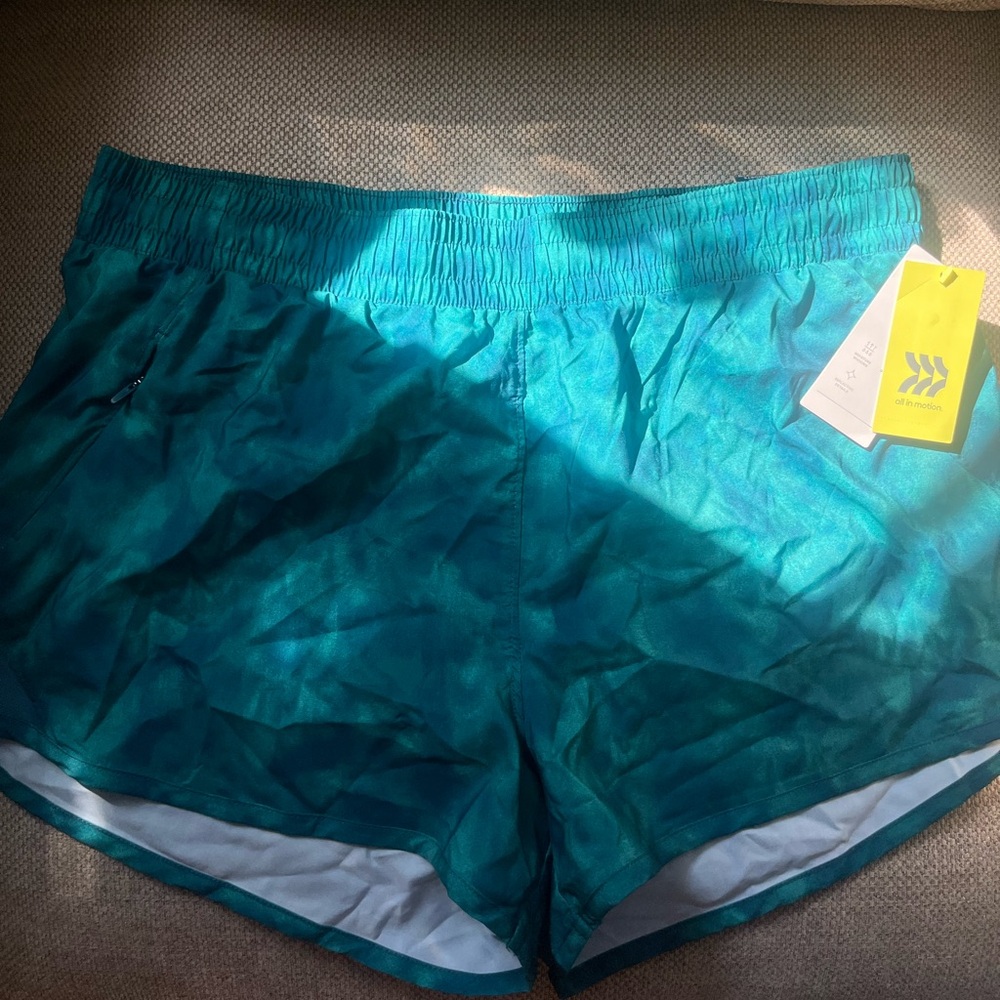 NWT! All in Motion Green/Blue Athletic Shorts Moisture-Wicking Elastic Waistband